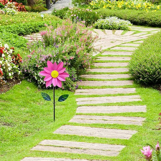 Metal Sunflower Wind Spinner,45 in Double Layer Sun Flower Windmill with Green Leaves and Stake,360° Rotating Sunflower Decor Wind Pinwheel Sculpture for Garden Yard Patio Lawn Decor (Pink)