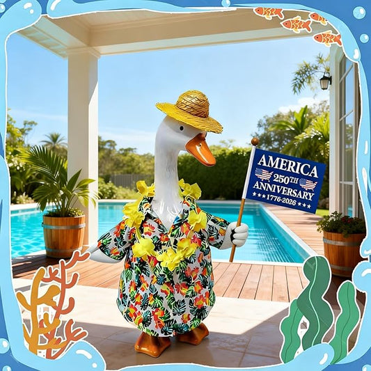 Porch Goose Summer Outfits for 23'' Lawn Porch Goose Clothing Hawaiian Outfits, Summer Lawn Goose Costume, Yard Goose Clothes Hawaiian Wreath with Straw Hat Glasses (with a 250th Years Flag)