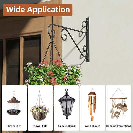 PROWORX 4 Pack 16 Inch Plant Hangers Outdoor Bracket, Indoor Wall Mount Metal Heavy Duty Rust-Resistant Bird Feeder Plant Hooks for Hanging Planters, Flower Baskets, Black