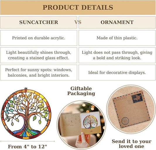 Tree of Life Acrylic Suncatcher, Boho Suncatchers for Window Hanging Ornament, Stained Glass Effect Indoor Outdoor Garden Decor for Bohemian Lover, Gifts for Mother's Day, Mom, Grandma, Wife, Women