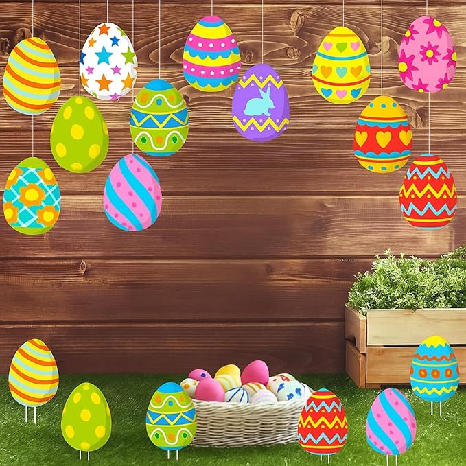 Yuntau 28 Pcs Easter Decorations Outdoor Easter Eggs Yard Signs Hanging Ornaments for Tree Outdoor Lawn Decoration Colorful Egg Lawns Sign for Garden Lawn Porch Home