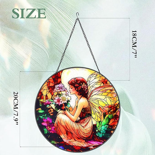 Butterfly Flower Fairy Stained Glass Window Hanging Suncatcher with Chain - 7.9" Outdoor/Indoor Art Decor for Home Garden,Wedding, Mother's, Valentine's, Birthday & Christmas Ornaments Present