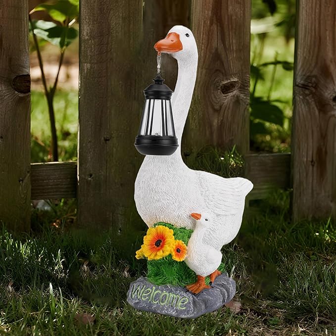 Solar Porch Goose Statue, Outdoor Goose Decor with Lantern for Yard Lawn Patio Balcony, Birthday Christmas Housewarming Gifts for Mom, Grandma, Women, 20 Inch, Resin