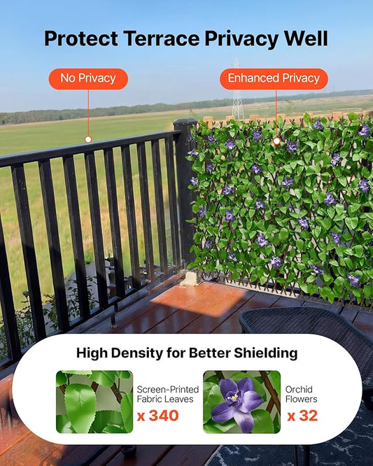 VEVOR Expandable Fence Privacy Screen, 25.5 x 122 in Expand Artificial Plant Wall, Realistic Artificial Ivy Panel with 50 Zip Ties, Decorative Faux Greenery Backdrop Hedges for Balcony Patio Outdoor
