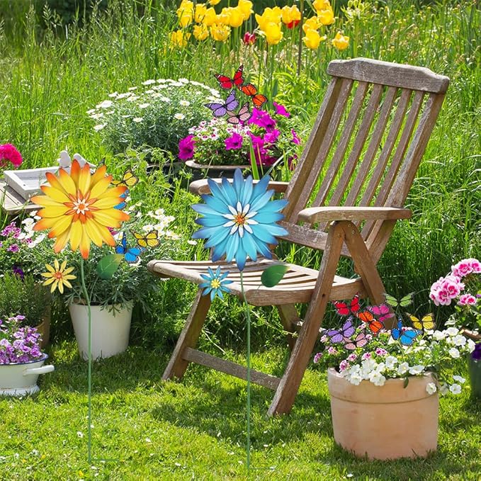 YEAHOME Garden Decor for Outside, 35.4โ Set of 2 Metal Flowers Decorative Garden Stakes for Spring Decor, Yard Art Flower Stakes for Outdoor Lawn Backyard Porch Garden Decorations (Yellow, Blue)