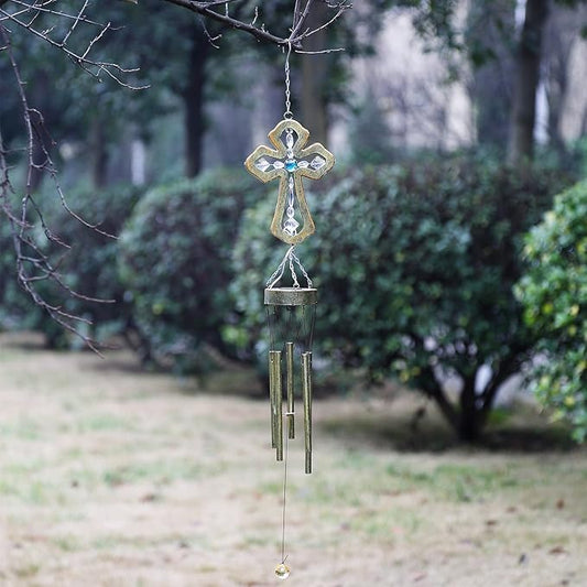 CEDAR HOME Solar Wind chime Unique Outdoor Indoor Hanging Mobile Bell WindChime Light Inspirational Religion Cross for Garden Lawn Yard Patio Waterproof Metal Glass Home Decor, 5.5"W x 3.5"D x 33"H