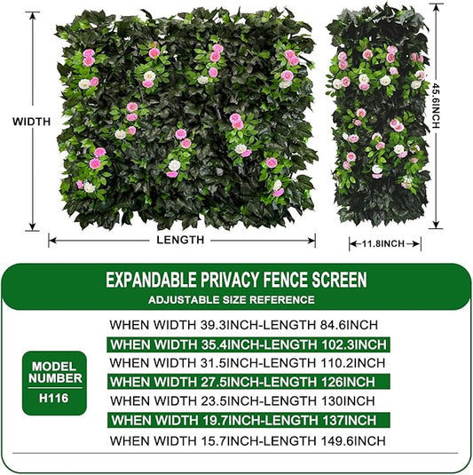 Dense Flowering Ivy Privacy Screen- Realistic Faux Foliage on Expandable Willow Fence for Outdoor, Patio, Balcony Cover & Decorative Shade Panel, UV Protected