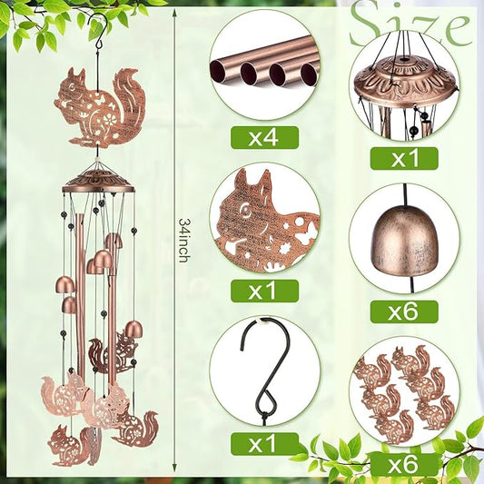 Squirrel Wind Chimes Outdoor Decoration for Women Men Mom Wife Grandma Birthday Gifts Memorial Metal Squirrel Wind Chimes for Outside Indoors, Lawn, Patio, Home, Porch, Yard Decor, Garden Decor