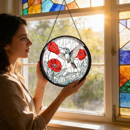 Stained Glass Window Hanging, Hummingbird and Red Flowers Sun Catcher for Door Garden Kitchen Home Decor, Suncatchers for Christmas Mother's Day Birthday Gifts for Bird Lovers Women Men Mom 9.8 in