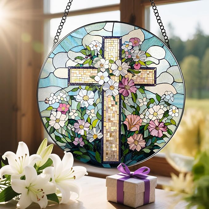 8'' Christian Stained Glass Suncatcher Ornament, Cross Window Hanging, Window Decor, Jesus Home Decor, Gifts for Christmas, Easter Faith Cross Gifts, Religious Gift, Christian Gift