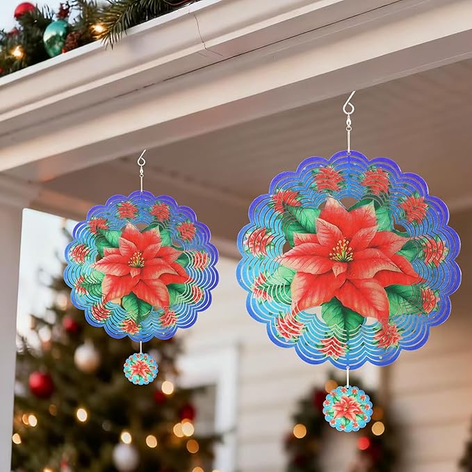 Wind Spinners Outdoor Christmas Poinsettia - Birthday Gifts for Women Mom Grandma, Hanging Wind Sculptures 12 inch 3D Wind Spinner for Garden Decor for Outside, Garden, Patio, Yard, Outdoor(Red