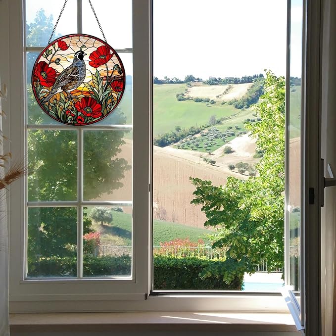 California Quail on Poppies Branch Stained Glass Window Hanging Poppies Sun Catcher Quail Gifts for Women Handmade Suncatchers Decoration for Garden Home Windows Hanging, 7.87inch