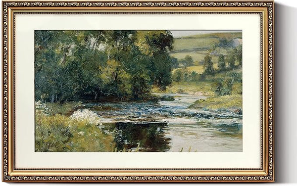 ARPEOTCY Vintage Gold Framed Large Wall Art, Nature Streamside Retro Paintings, Landscape Canvas Prints Artwork with Antique Frame, Victorian Wall Picture Decor for Gallery Living Room 16x24 inch