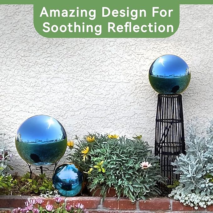 Lily's Home Stainless Steel Gazing Globe Mirror Ball, Colorful and Shiny Addition to Any Garden or Home. Blue. (12 Inch)