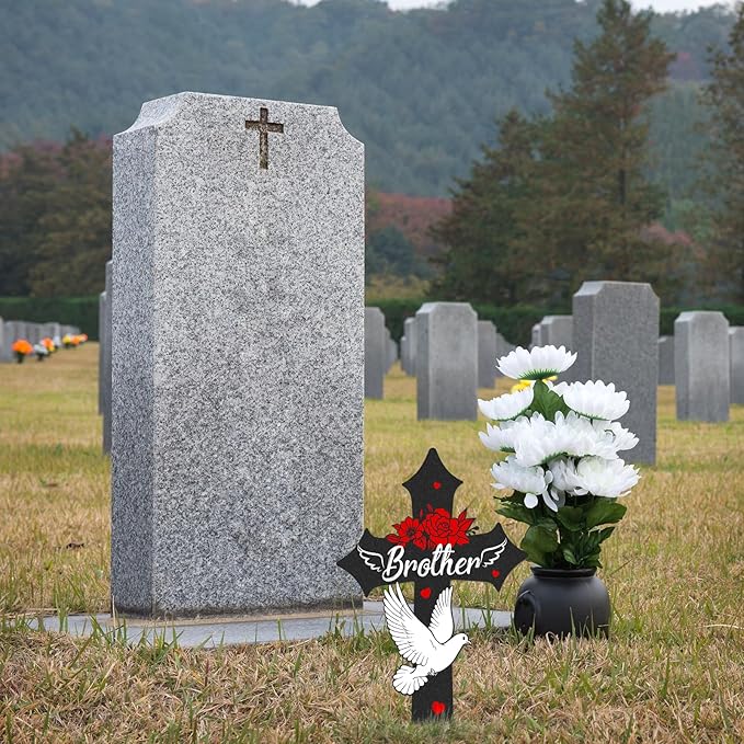 Rngmsi Cross Cemetery Decorations for Grave, Metal Sympathy Memorial Stakes for Loss of Brother Outdoors Yard Garden, Grave Markers for Cemetery for Brother (12 X 7.5 Inches)