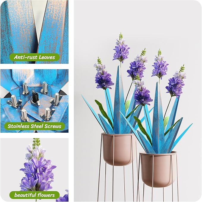 2PCS Large Metal Yard Art, Outdoor Metal Agave Plants, Tequila Rustic Sculpture, Garden Decoration Lavender Yard Art Plant (Sky Blue)