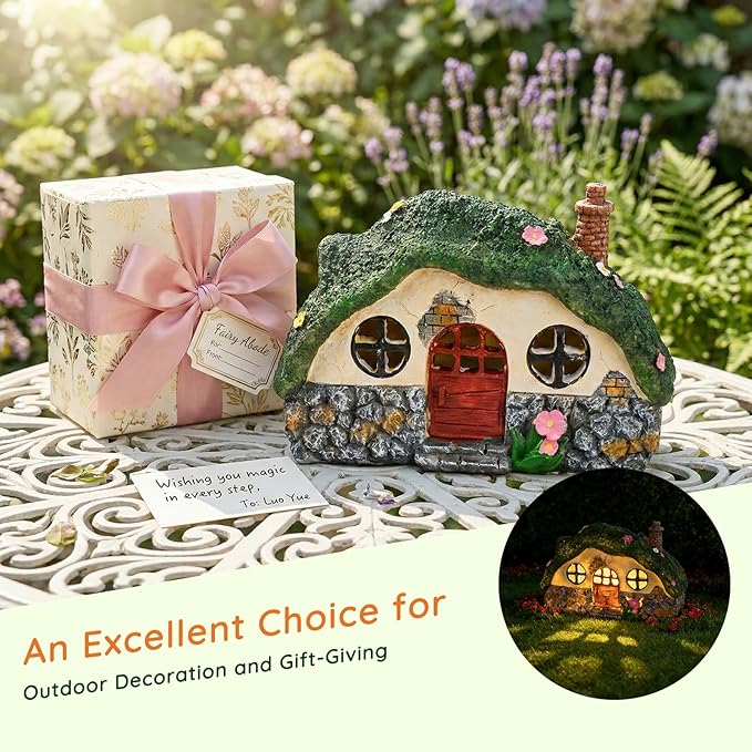 Solar Fairy Garden House, Outdoor Resin Statues, Outdoor Figurine Lights, Fairy Houses for Outside, Garden Statues House, for Patio, Yard, Balcony Decoration