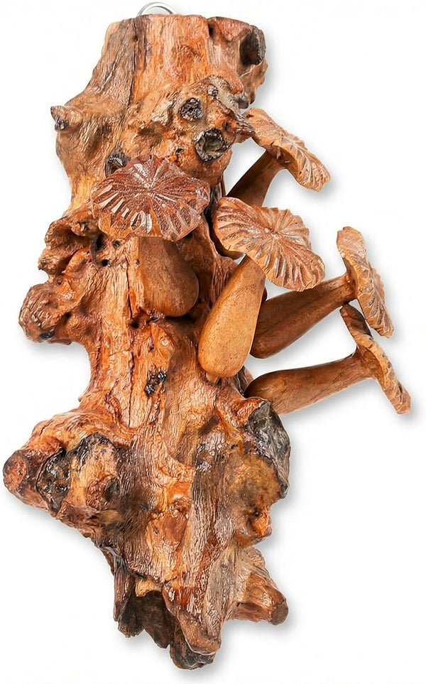 Curawood Mushroom Wall Decor - 5.9" Tall Balinese Artisan Handcrafted Wooden Mushroom Wall Art - Cottagecore, Fairycore, Goblincore Bedroom Decor - Carved Wood Forest Aesthetic Hanging Piece