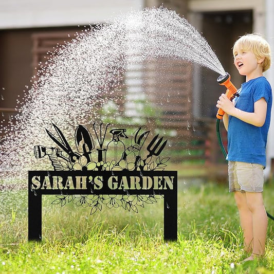 Personalized Metal Garden Signs with Stake, Custom Garden Tool Signs for Outside Waterproof, Customized Name Sign Yard Lawn Gardens Decor Gardening Gifts for Moms Grandmas Gardeners