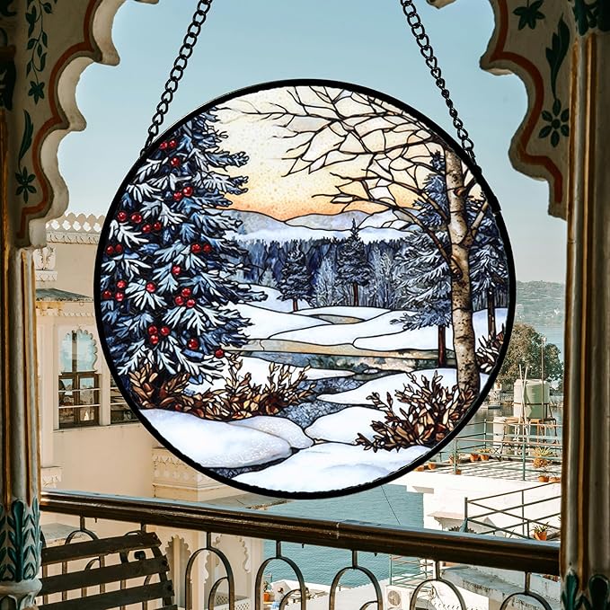 DASTOLL Stained Glass Window Hanging, Winter Snow Landscape Suncatcher Diamond Glass Panel Sun Catchers Decor for Birthday for Women, Men, Wife, Aunt, and Mom 11.8 in