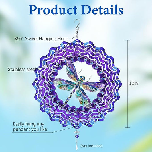 Wazzio Dragonfly Wind Spinners Outdoor, Dragonfly Gifts for Women Wife Mom Grandma, Hanging Wind Sculptures Spinners, 12 inch Outdoor Indoor Hanging Ornament for Christmas