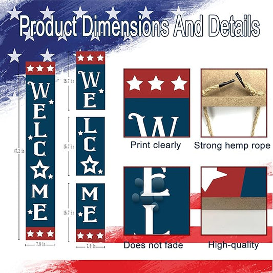 Patriotic Wooden Porch Sign 47" 4th of July Independence Day Large Welcome Sign Memorial Day Vertical Indoor Outdoor Standing Sign For Garden Home Yard Farmhouse