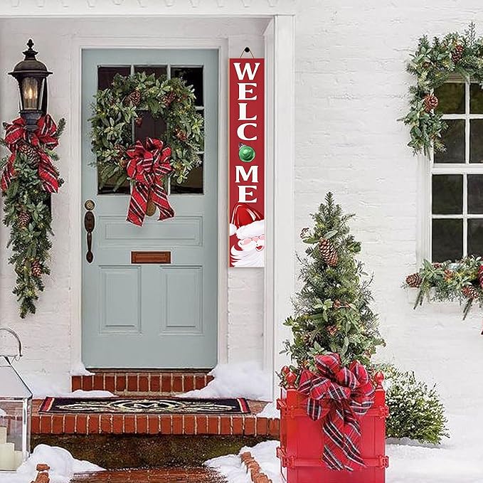 Christmas Welcome Porch Sign Decor Santa Wooden Hanging Sign Door Porch Standing Decorative Signs Plaques for Front Door Farmhouse Outdoor Indoor Welcome Sign Wall Craft Decor 47.2"H