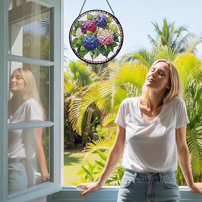 Stained Glass Window Hanging, Blue Hydrangea Flower Stained Glass Suncatcher, Window Decor, Hydrangea Plant Lover Gift for Women, Couples, Best Friend, Family, Colleague, Classmate 7.8 Inch