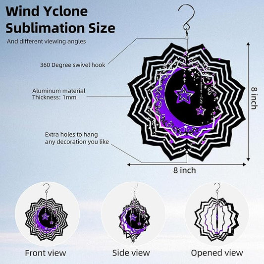 8 Inch Sublimation Wind Spinner, 3D Aluminum Metal Wind Spinner with Hook, Indoor Yard Garden Hanging Decoration, Weather Resistant Rotating Spiral Ornament, Purple Moon and Stars