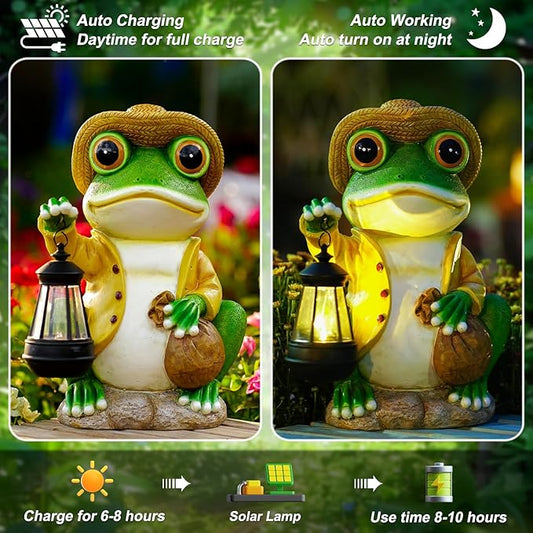 Pohabery Large Frog Garden Statue, 13.3 Inches Tall, Resin Frog Decor with Solar Lantern for Outdoor Decoration and Housewarming