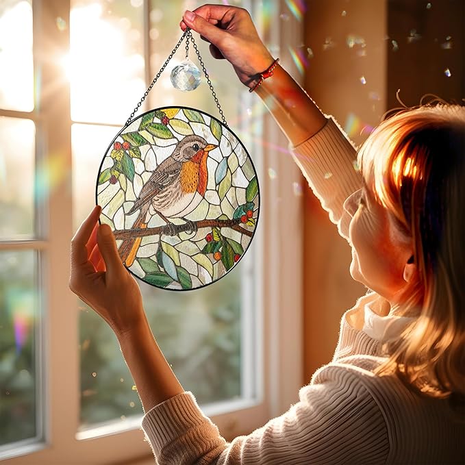7.8" Robin Bird Stained Glass Suncatcher, Robin Birds Suncatcher Window Hanging, Birds Gifts Decor for Home Garden Housewarming, Morthers Day Bird Lover Gifts for Mom, Grandma, Women, Friend