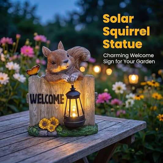 Garden Squirrel Welcome Sign with Solar Lantern, Decorative Outdoor Statue for Porch, Patio or Garden with Butterfly and Sunflowers