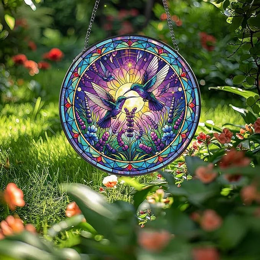 Hummingbird Stained Glass Suncatcher, 8" Round Bird Window Hanging with Metal Chain, Lavender Floral Decorative Glass Art for Home Garden, Memory Gift for Mom Grandma