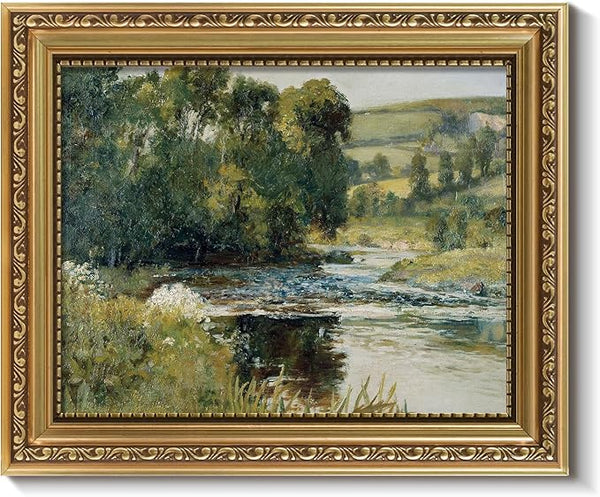 ARPEOTCY Vintage Gold Framed Wall Art, Nature Streamside Retro Paintings, 8x10 inch Small Canvas Prints Artwork with Antique Frame, Victorian Wall Pictures Decor for Living Room Gallery Room Shelf