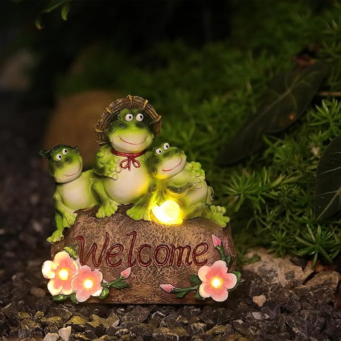 FLOWER EYE Solar Garden Statues - 6.8'' Frog Statue Figurine,Waterproof LED Mother&Sons Sculpture for Outside Yard Pathway Patio,Valentine Mother's Day Birthday Frogs Gifts for Women Mom Grandma