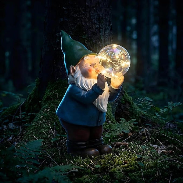 Solar Garden Gnome Statue with Light-Up Bubble, Whimsical Outdoor Decor Figurine with LED Fairy Lights for Patio, Lawn, Yard Art - Unique Waterproof Resin Gardening Gift