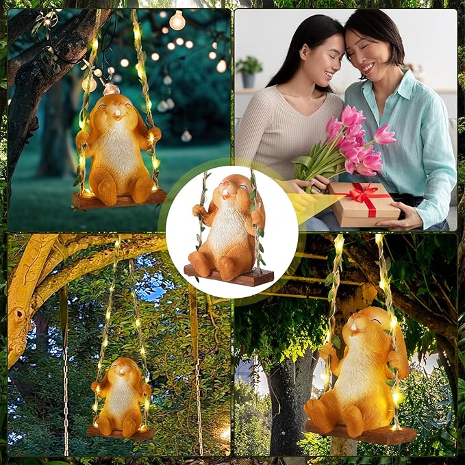 Thyle Solar Light Outdoor Bunny Statues 19" H Hanging Bunny on Swing with LED Light Spring Decorations Outdoor Resin Waterproof Hanging Animal Figurine with Hook for Yard Garden Wall Gift