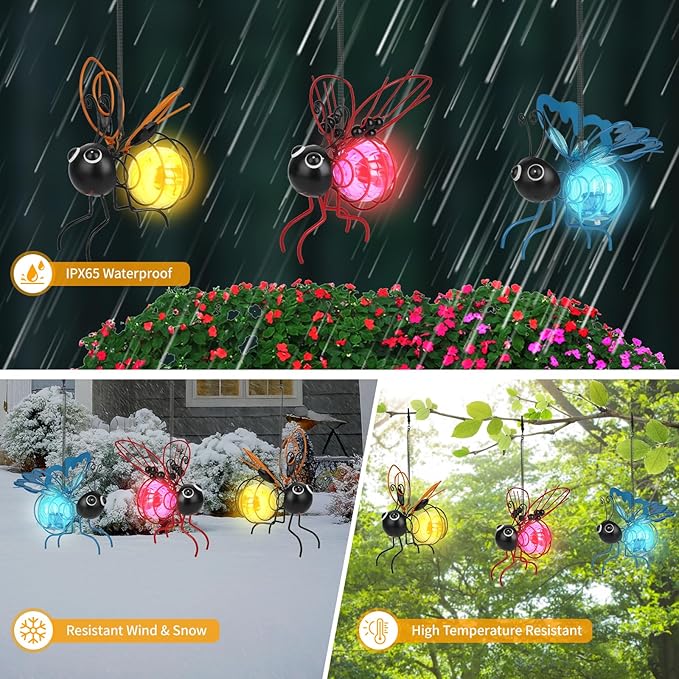 Solar Bees Lights Outdoor 2025 New Hanging Solar Garden Bee Outdoor Patio Garden Decor Simulation Bumble Solar Light for Christmas, Yard, Patio, Porch