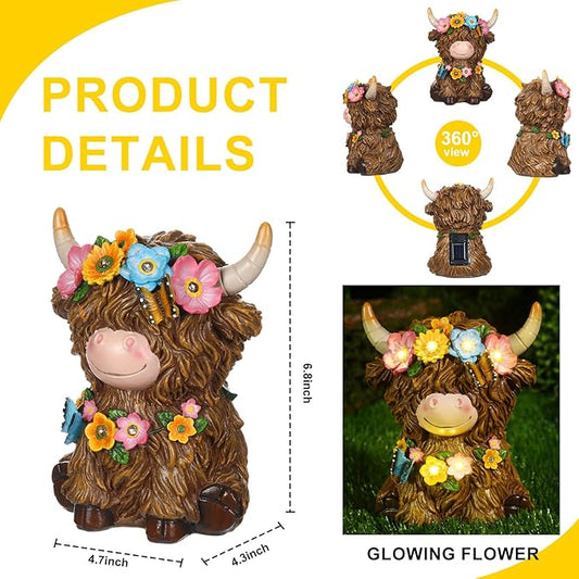 Colingmill Highland Cow Resin Figurine Highland Cow Statue Christmas Outdoor Decor with Flower for Patio, Yard, Gift for Mom, Calf Gnome Herd Lovers (Classic)