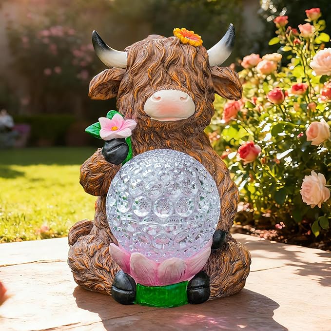 Highland Cow Garden Decor Solar Garden Lights, Highland Cow Outdoor Statue with LED Crystal Ball Waterproof for Outdoor,Lawn,Patio,Highland Cow Gifts