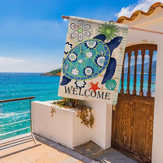 Dyrenson Turtle Beach 28 x 40 House Flag Welcome Summer Double Sided, Tropical Ocean Burlap Garden Yard Decoration Rustic Coastal, Nautical Sea Seasonal Outdoor Décor Decorative Large Flag