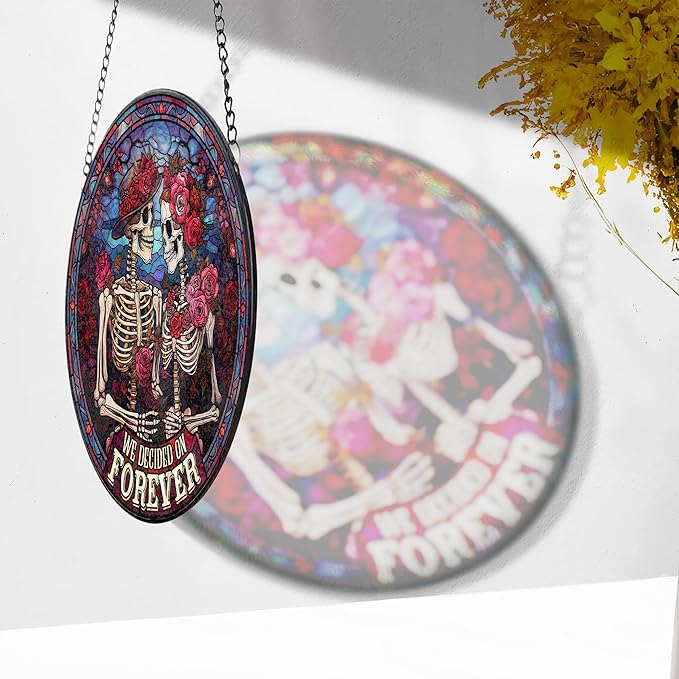 FIVITY Stained Glass Window Hanging 7.8'' Skeleton Couple Suncatcher We Decided On Forever Stained Glass Ornament Suncatchers with Hanging Chain for Wife Husband Wedding for Hi
