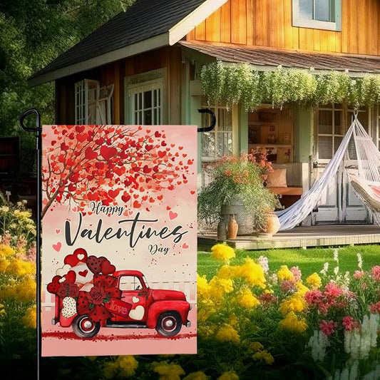 Valentines Garden Flags Red Truck Hearts Tree Yard Garden Flag Burlap 12x18 Inch Double Sided Sweet Love Flags for Outdoor Yard House Decor