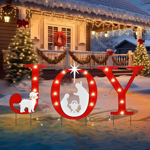 WONDER GARDEN Christmas Metal Yard Stakes, Lighted Joy and Nativity Scene Christmas Garden Stakes Yard Signs, Outdoor Decorations for Lawn Party Outside