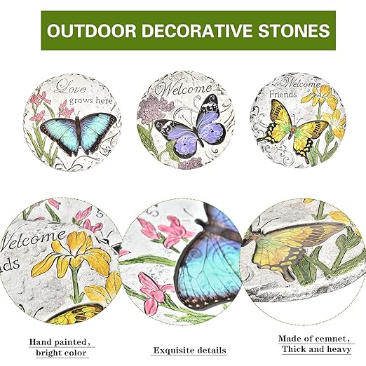 Sungmor 3PC Pretty Garden Stepping Stones, 9.8" Large Concrete Decorative Stones with Beautiful Pattern, Unique Outdoor Lawn Accents, Yard Walkway Flower Bed Wall Shelf Welcome Friends Decorations