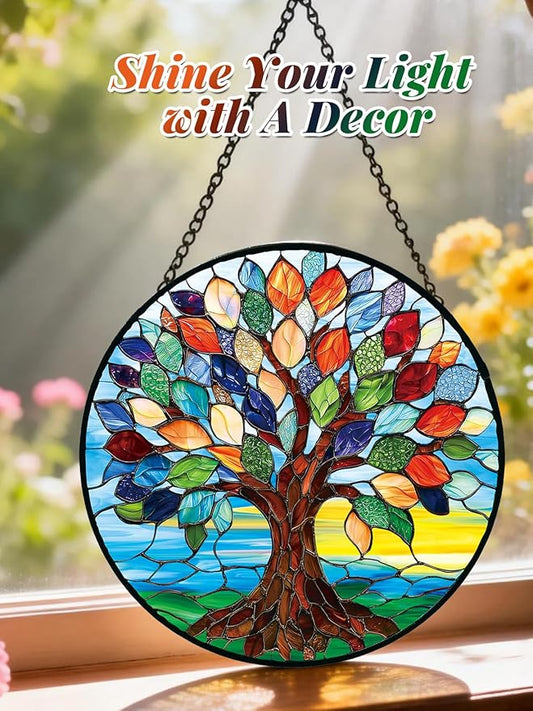 Stained Glass Window Hanging, Colorful Tree of Life Suncatcher for Door Home Decor, Glass Panel Sunrise Sun Catcher Ornament Mother's Day Birthday Gifts for Women Men Mom 7.8 in