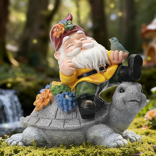 Solar Gnome Statue Outdoor Decor, Gnome on Turtle Figurines with LED Light for for Fairy Garden Yard Balcony Lawn Christmas Housewarming Whimsical Gifts for Women Mom Grandma