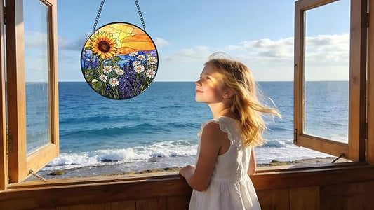 Stained Glass Window Hanging - Sunflowers, Daisies, Lavender and Sunset 6.3 Inches Suncatcher for Garden Home Decor for Women Mon Grandma Friends