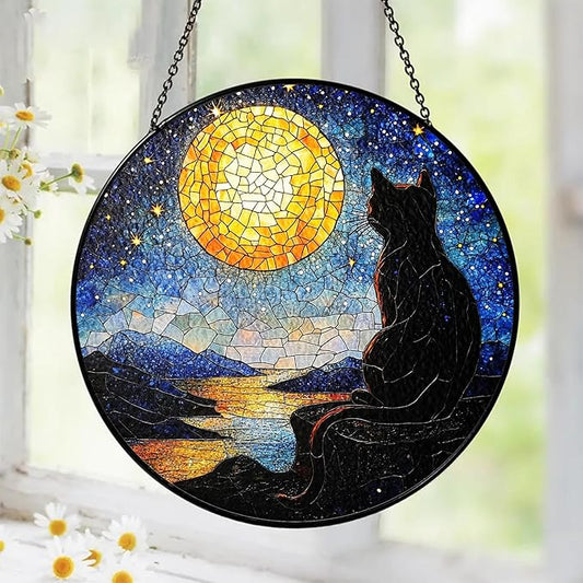 Black Cat Stained Glass Suncatcher Window Hanging Decor for Garden, Starry Night Cat Suncatcher Window Panel, Gifts for Cats Lovers, Memorial Gifts for Pet Loss, Sympathy Gift for Outdoor Decorations