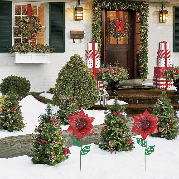 YEAHOME Outdoor Christmas Decorations, Set of 2 Poinsettia Flower Decorative Garden Stakes for Christmas Decor, Metal Red Flowers Xmas Decorations for Outside Garden Yard Lawn Porch